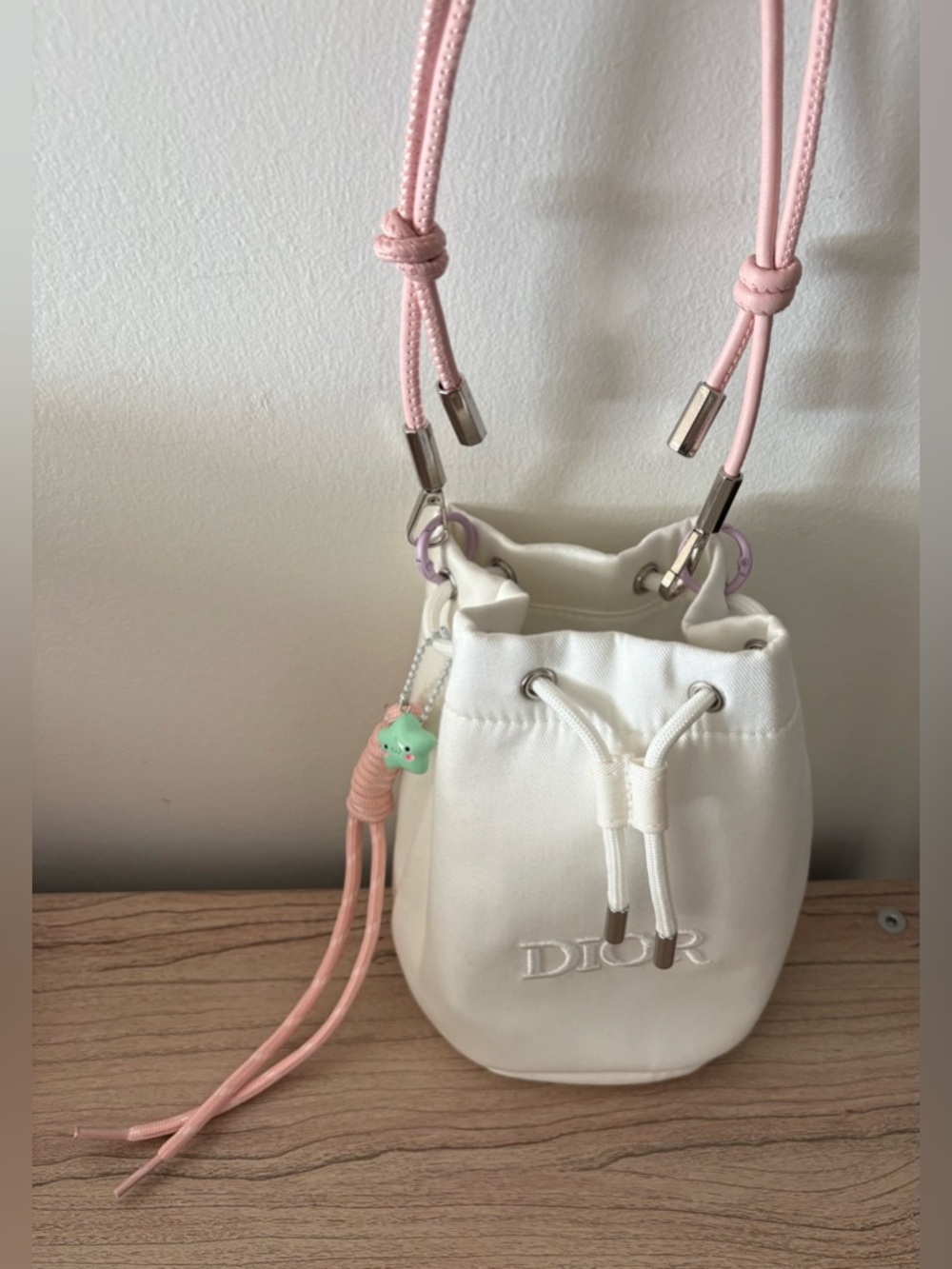 Dior White Mini Drawstring Bucket Bag with Pink Strap
